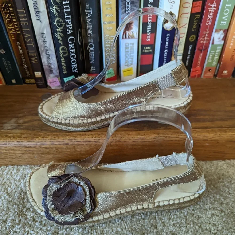 ERIC Michael leather and cloth gold and bronze rosette wedge sandals sz 36 euc